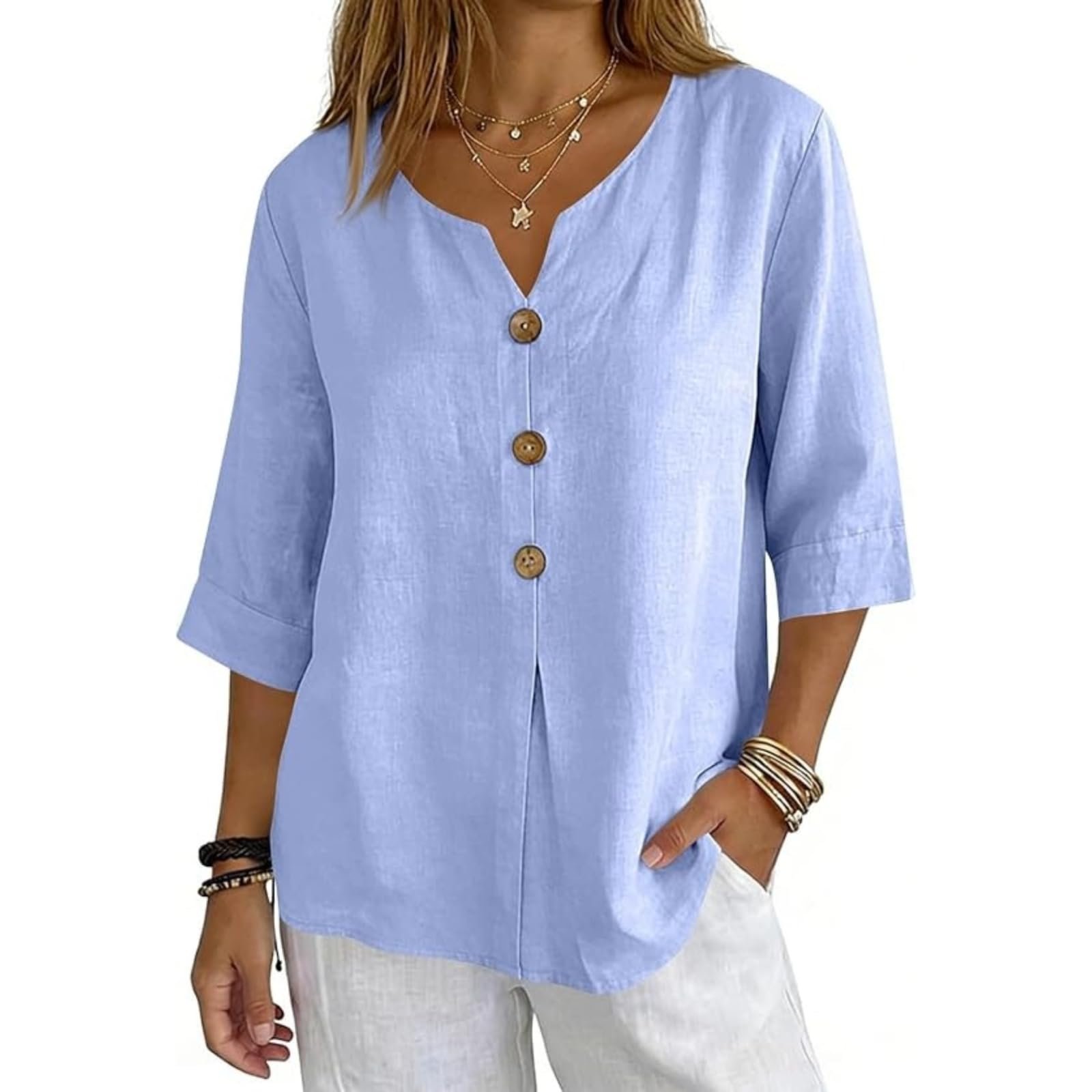 Cotton Linen Tops for Women Dressy Casual 3/4 Sleeve Gauze Shirts Button Down V Neck Blouses Summer Vacation Clothes - Image 40
