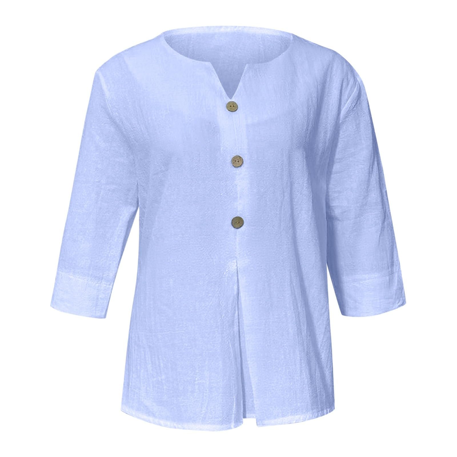 Cotton Linen Tops for Women Dressy Casual 3/4 Sleeve Gauze Shirts Button Down V Neck Blouses Summer Vacation Clothes - Image 42