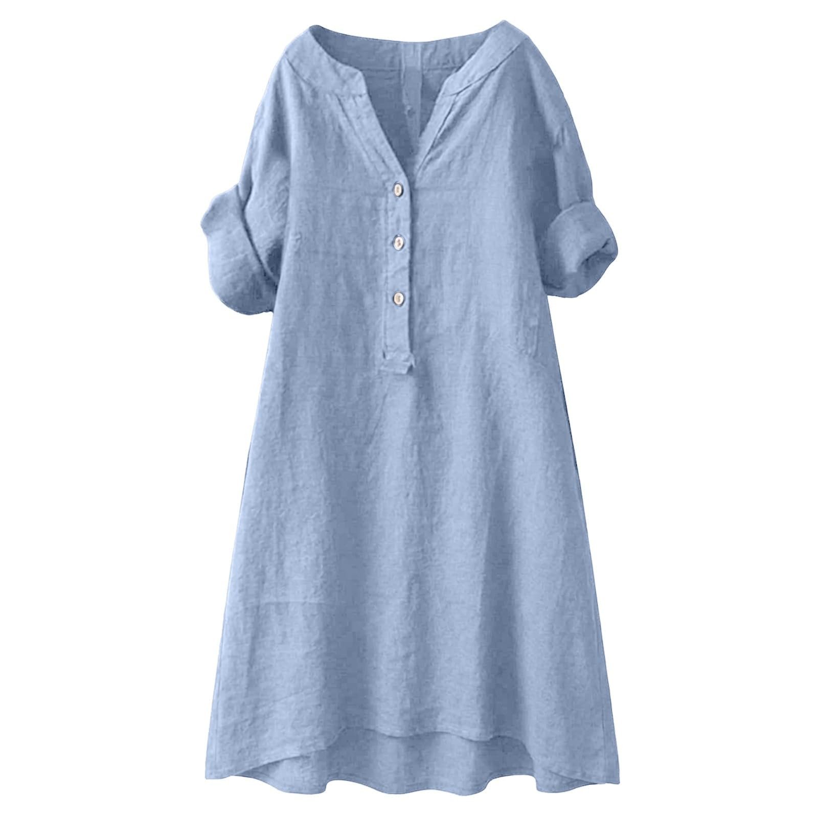 2026 Linen Dresses for Women V Neck Short Sleeve Button Midi Dress Casual A Line T-Shirt Sundresses with Pockets - Image 3