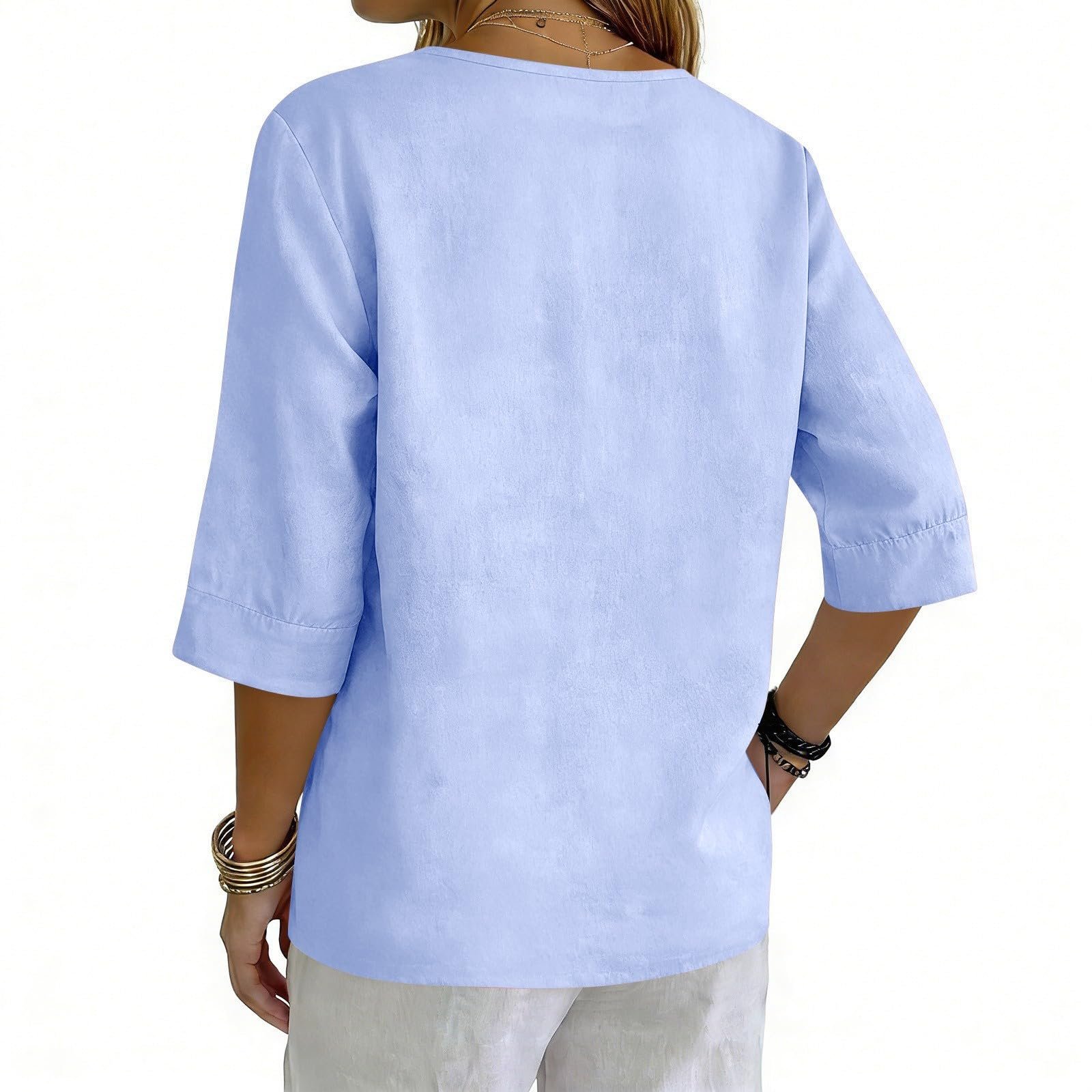 Cotton Linen Tops for Women Dressy Casual 3/4 Sleeve Gauze Shirts Button Down V Neck Blouses Summer Vacation Clothes - Image 43