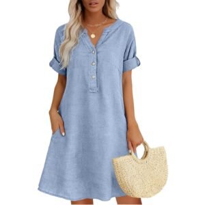 2026 Linen Dresses for Women V Neck Short Sleeve Button Midi Dress Casual A Line T-Shirt Sundresses with Pockets