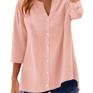 Womens 3/4 Sleeve Button Down Shirts Cotton Linen Roll Up Short Sleeve Tops V Neck Casual Loose Fit Blouses