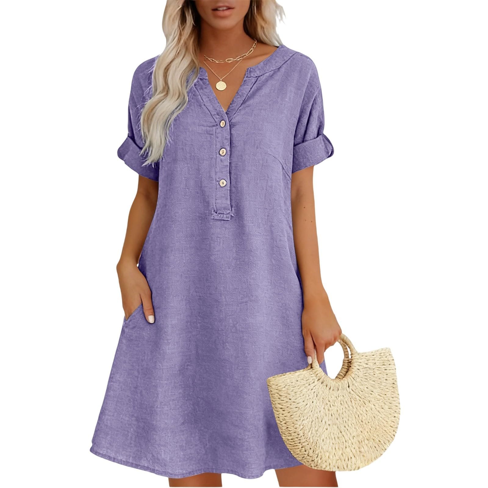 2026 Linen Dresses for Women V Neck Short Sleeve Button Midi Dress Casual A Line T-Shirt Sundresses with Pockets - Image 7