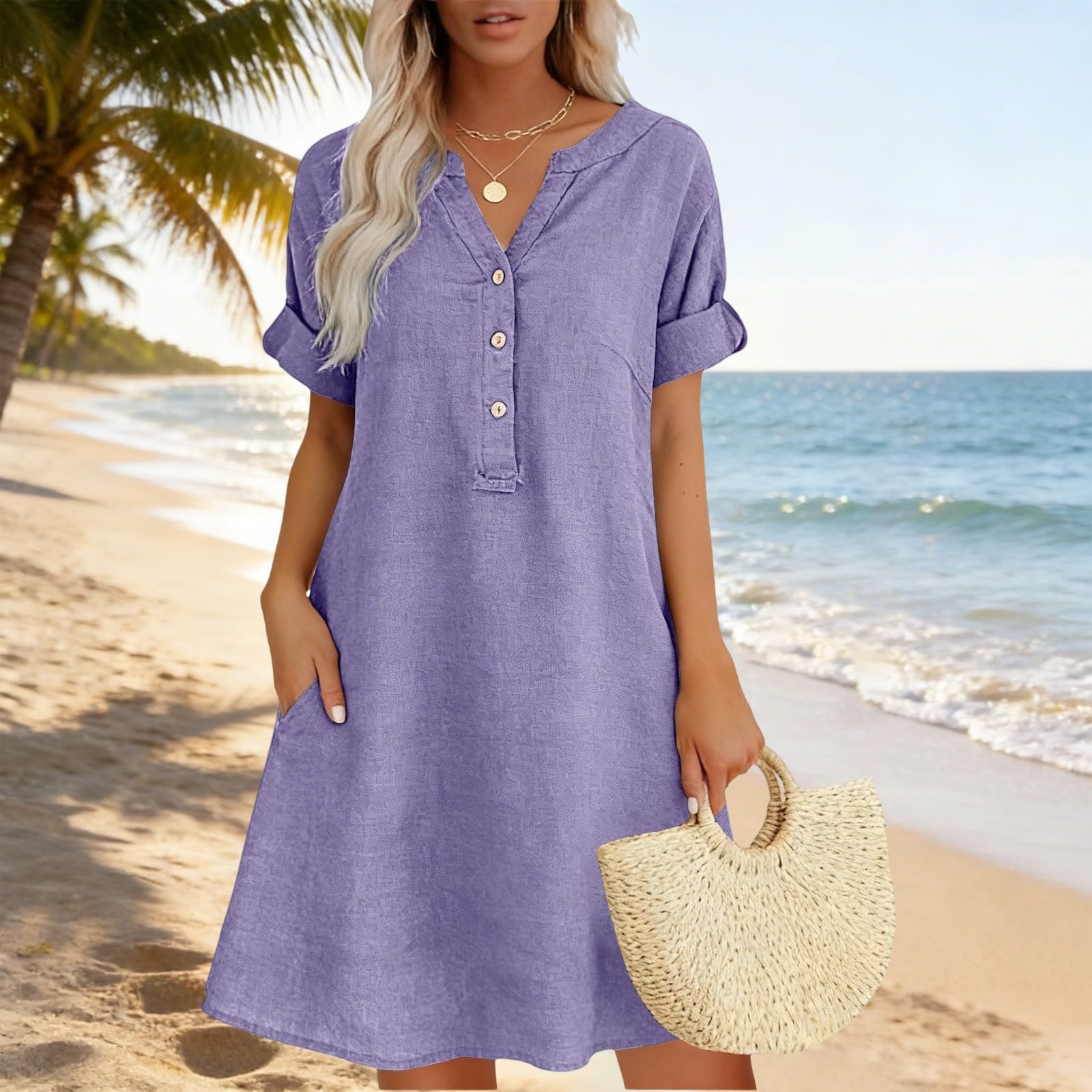 2026 Linen Dresses for Women V Neck Short Sleeve Button Midi Dress Casual A Line T-Shirt Sundresses with Pockets - Image 8