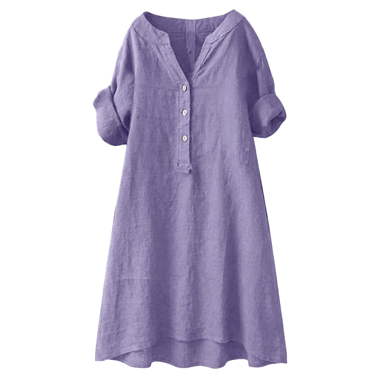2026 Linen Dresses for Women V Neck Short Sleeve Button Midi Dress Casual A Line T-Shirt Sundresses with Pockets - Image 9