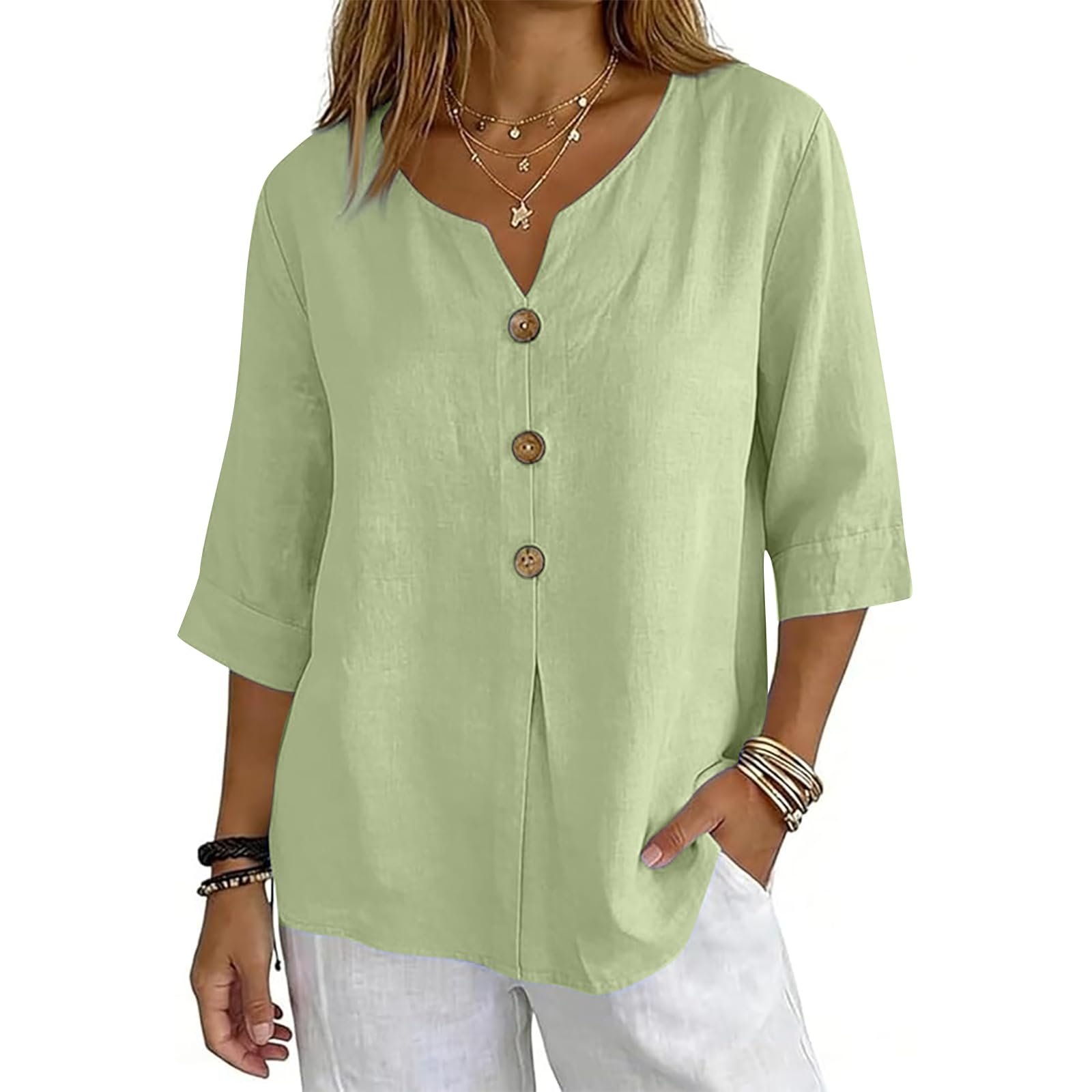 Cotton Linen Tops for Women Dressy Casual 3/4 Sleeve Gauze Shirts Button Down V Neck Blouses Summer Vacation Clothes - Image 35