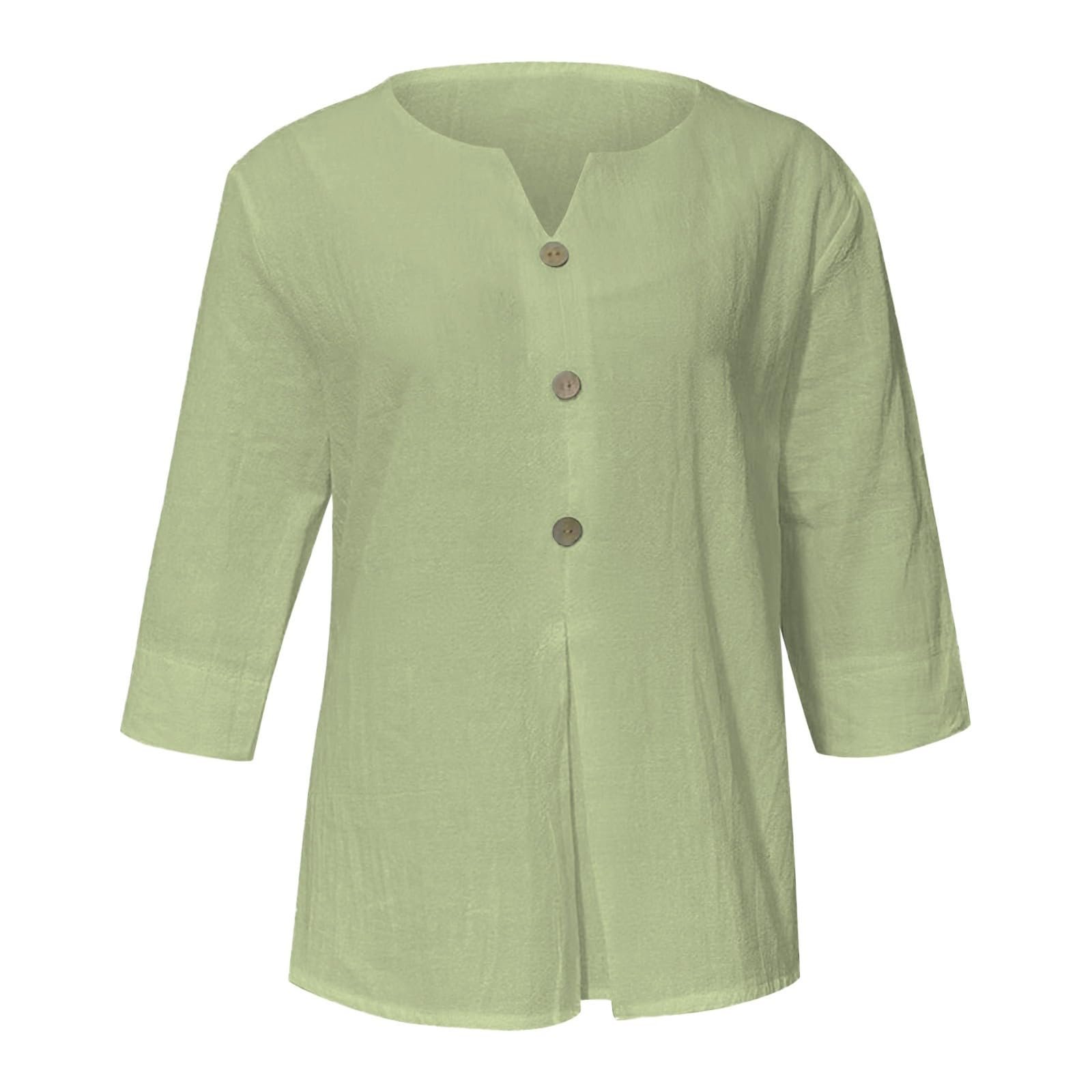 Cotton Linen Tops for Women Dressy Casual 3/4 Sleeve Gauze Shirts Button Down V Neck Blouses Summer Vacation Clothes - Image 37