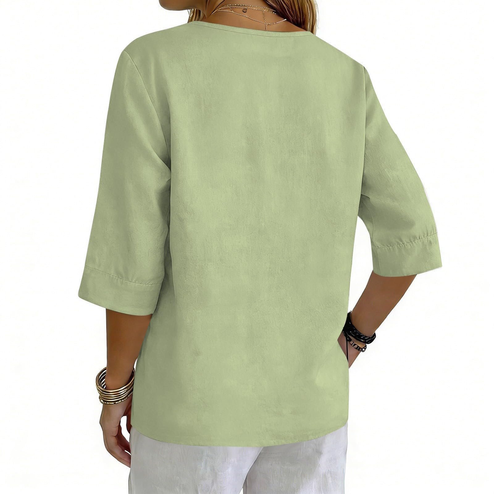 Cotton Linen Tops for Women Dressy Casual 3/4 Sleeve Gauze Shirts Button Down V Neck Blouses Summer Vacation Clothes - Image 38