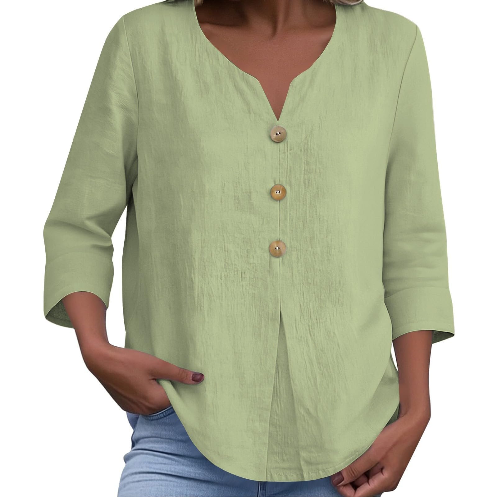 Cotton Linen Tops for Women Dressy Casual 3/4 Sleeve Gauze Shirts Button Down V Neck Blouses Summer Vacation Clothes - Image 39