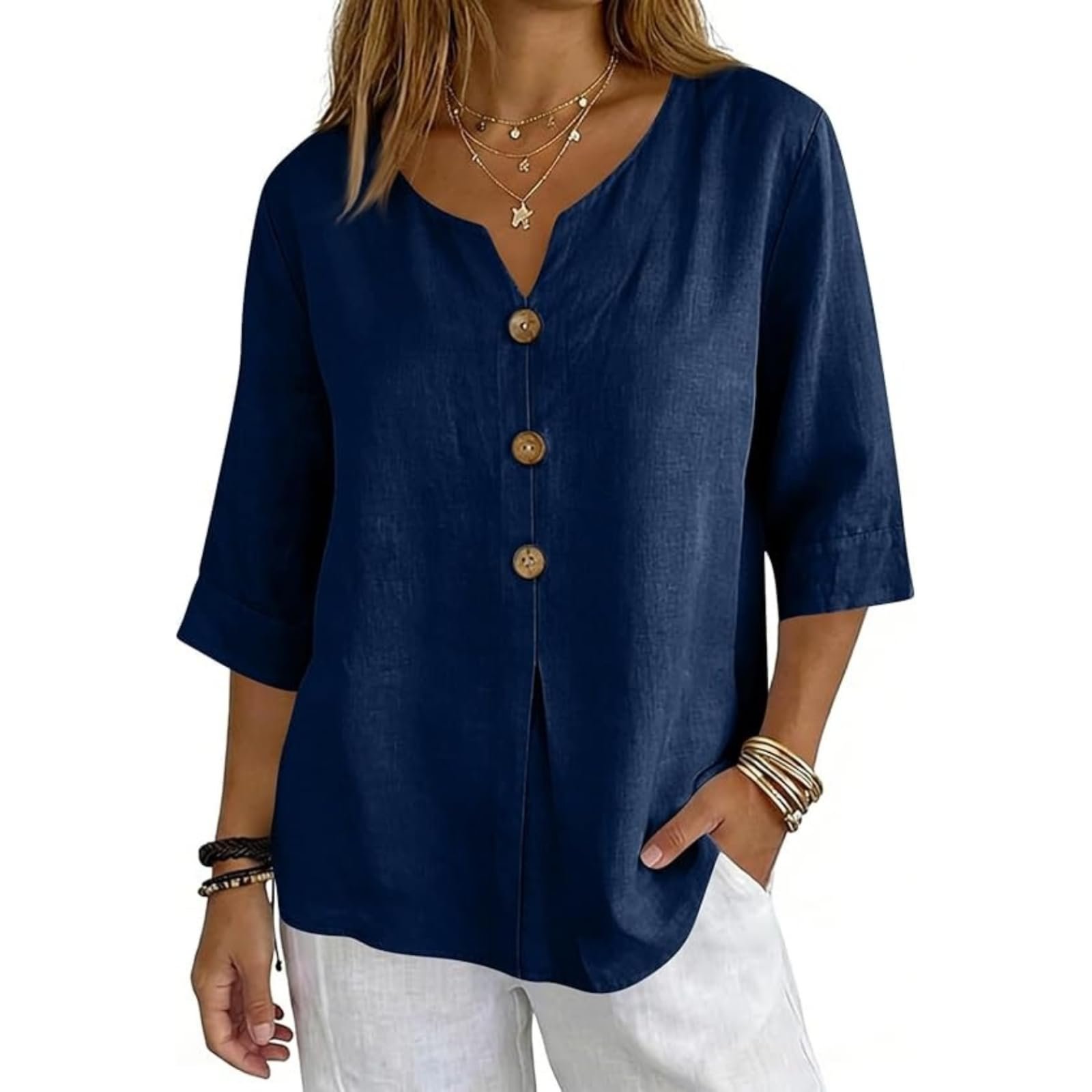 Cotton Linen Tops for Women Dressy Casual 3/4 Sleeve Gauze Shirts Button Down V Neck Blouses Summer Vacation Clothes - Image 31