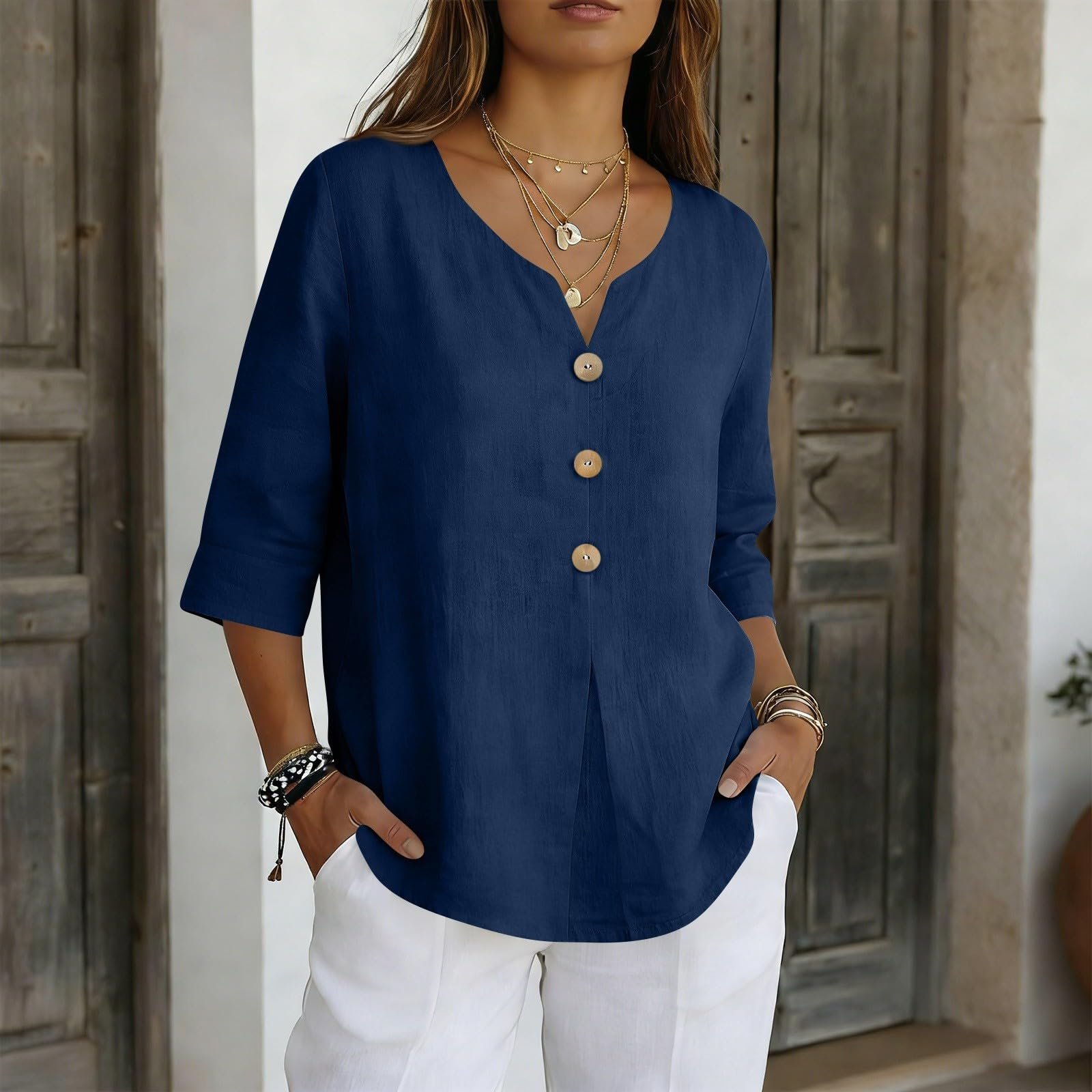 Cotton Linen Tops for Women Dressy Casual 3/4 Sleeve Gauze Shirts Button Down V Neck Blouses Summer Vacation Clothes - Image 32