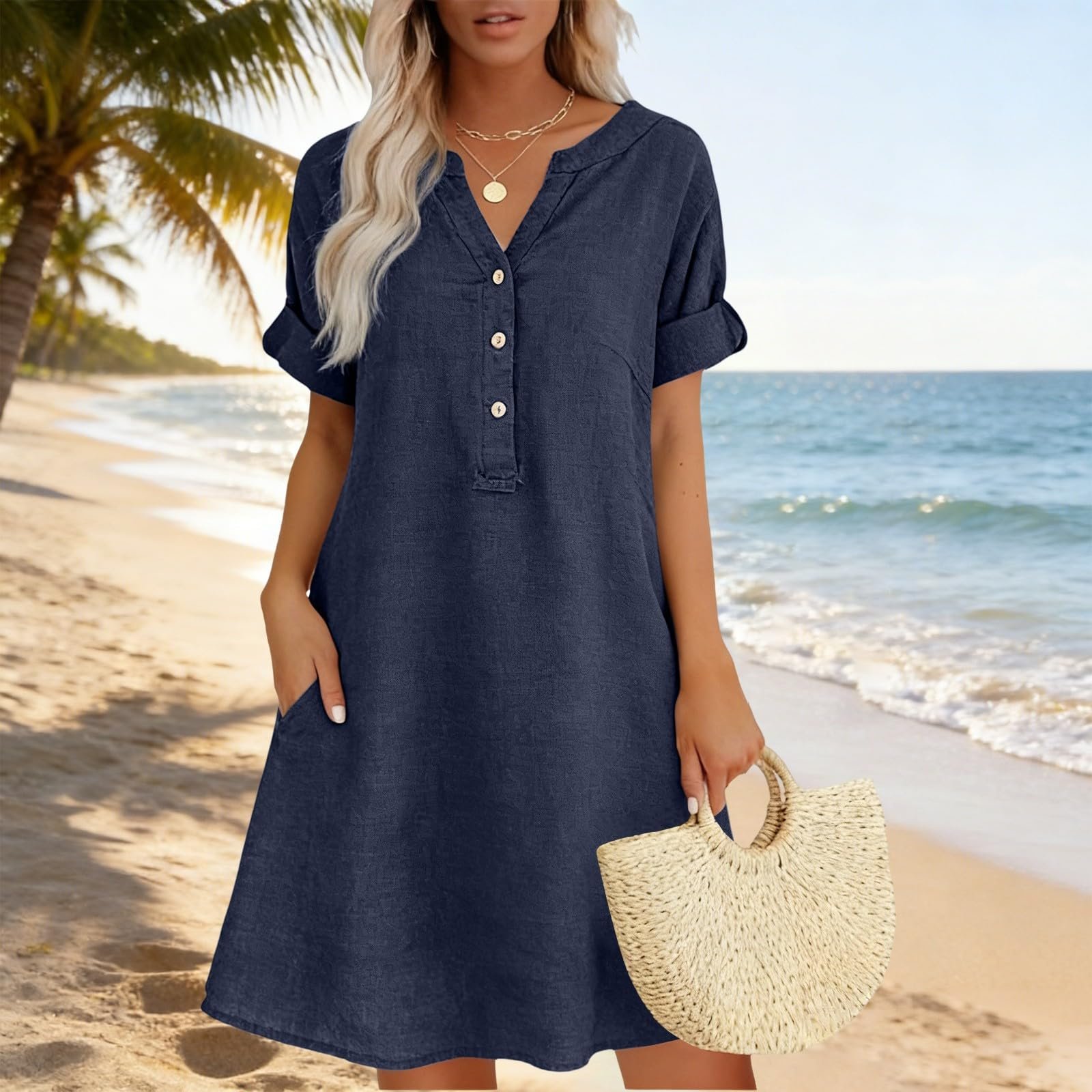 2026 Linen Dresses for Women V Neck Short Sleeve Button Midi Dress Casual A Line T-Shirt Sundresses with Pockets - Image 11
