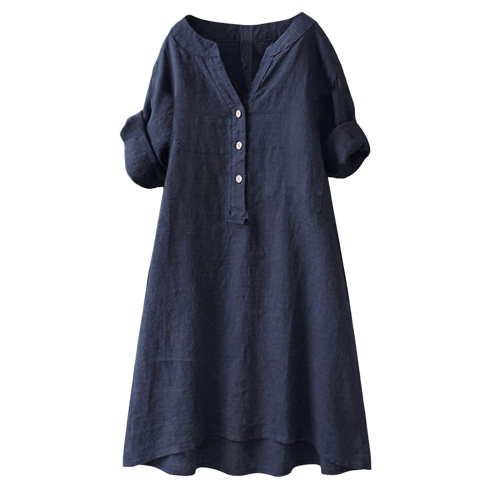 2026 Linen Dresses for Women V Neck Short Sleeve Button Midi Dress Casual A Line T-Shirt Sundresses with Pockets - Image 12