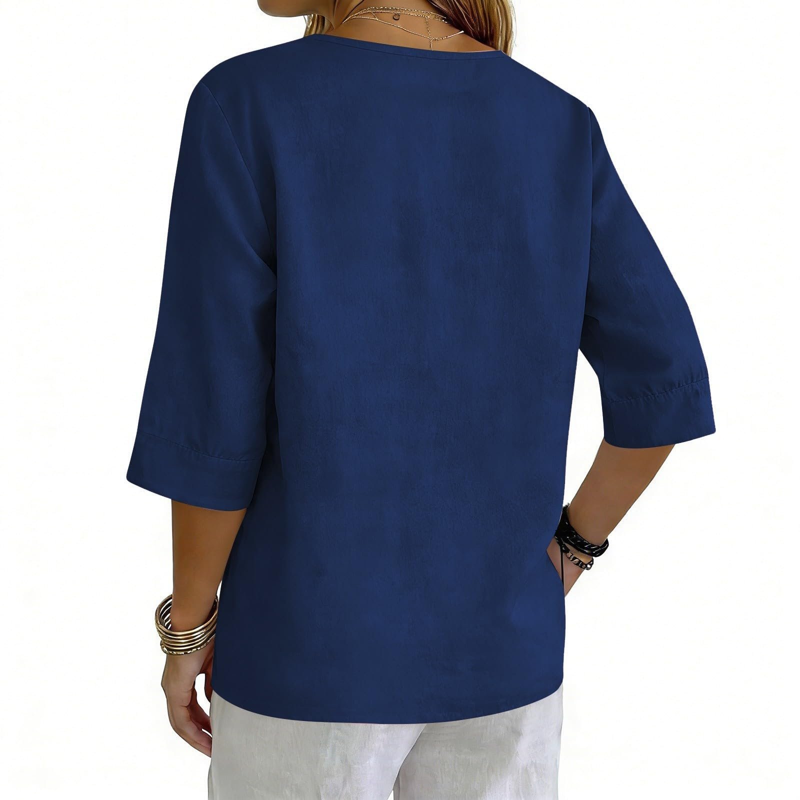 Cotton Linen Tops for Women Dressy Casual 3/4 Sleeve Gauze Shirts Button Down V Neck Blouses Summer Vacation Clothes - Image 34