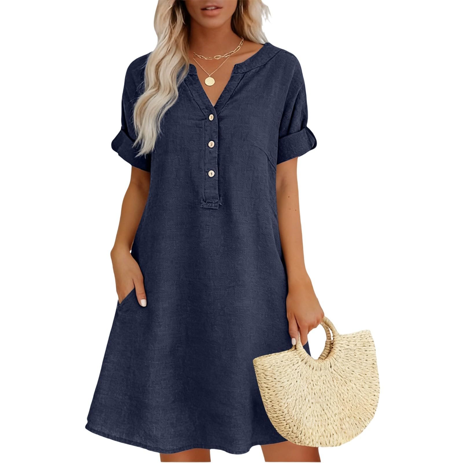 2026 Linen Dresses for Women V Neck Short Sleeve Button Midi Dress Casual A Line T-Shirt Sundresses with Pockets - Image 10