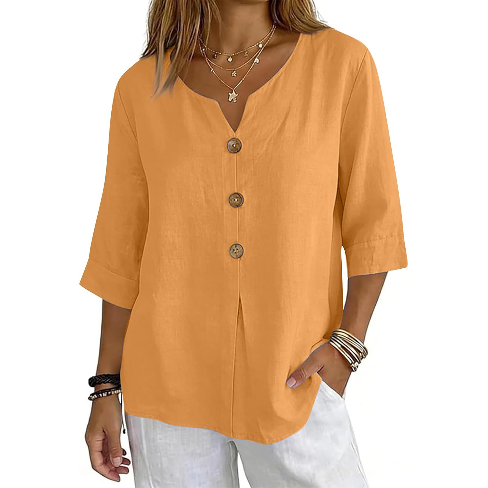 Cotton Linen Tops for Women Dressy Casual 3/4 Sleeve Gauze Shirts Button Down V Neck Blouses Summer Vacation Clothes - Image 26