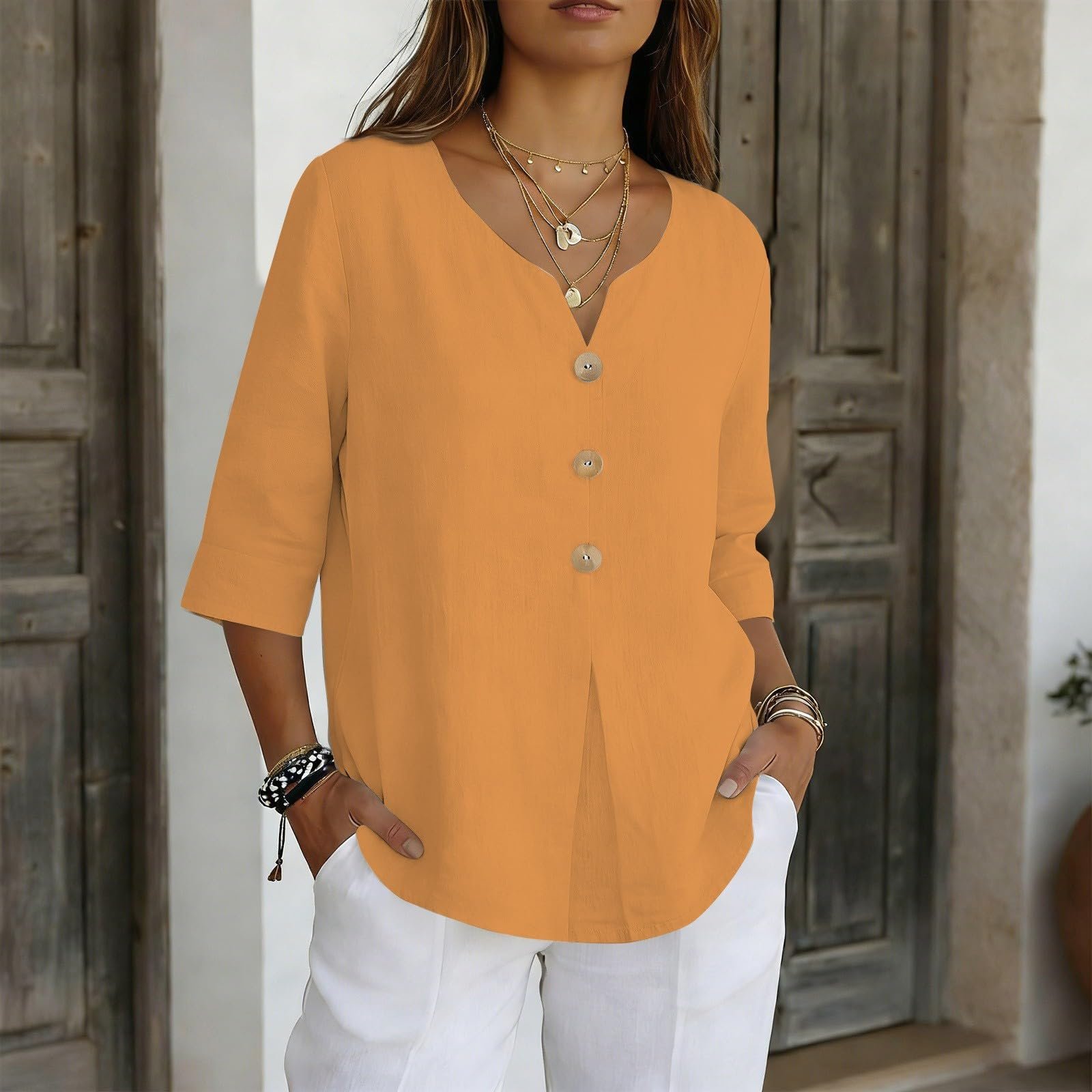 Cotton Linen Tops for Women Dressy Casual 3/4 Sleeve Gauze Shirts Button Down V Neck Blouses Summer Vacation Clothes - Image 27
