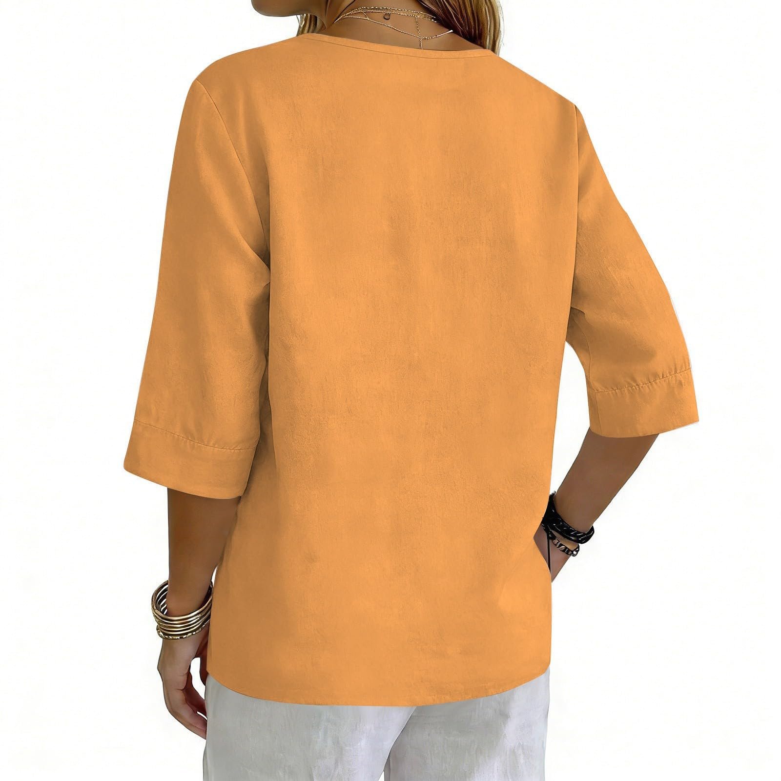 Cotton Linen Tops for Women Dressy Casual 3/4 Sleeve Gauze Shirts Button Down V Neck Blouses Summer Vacation Clothes - Image 29