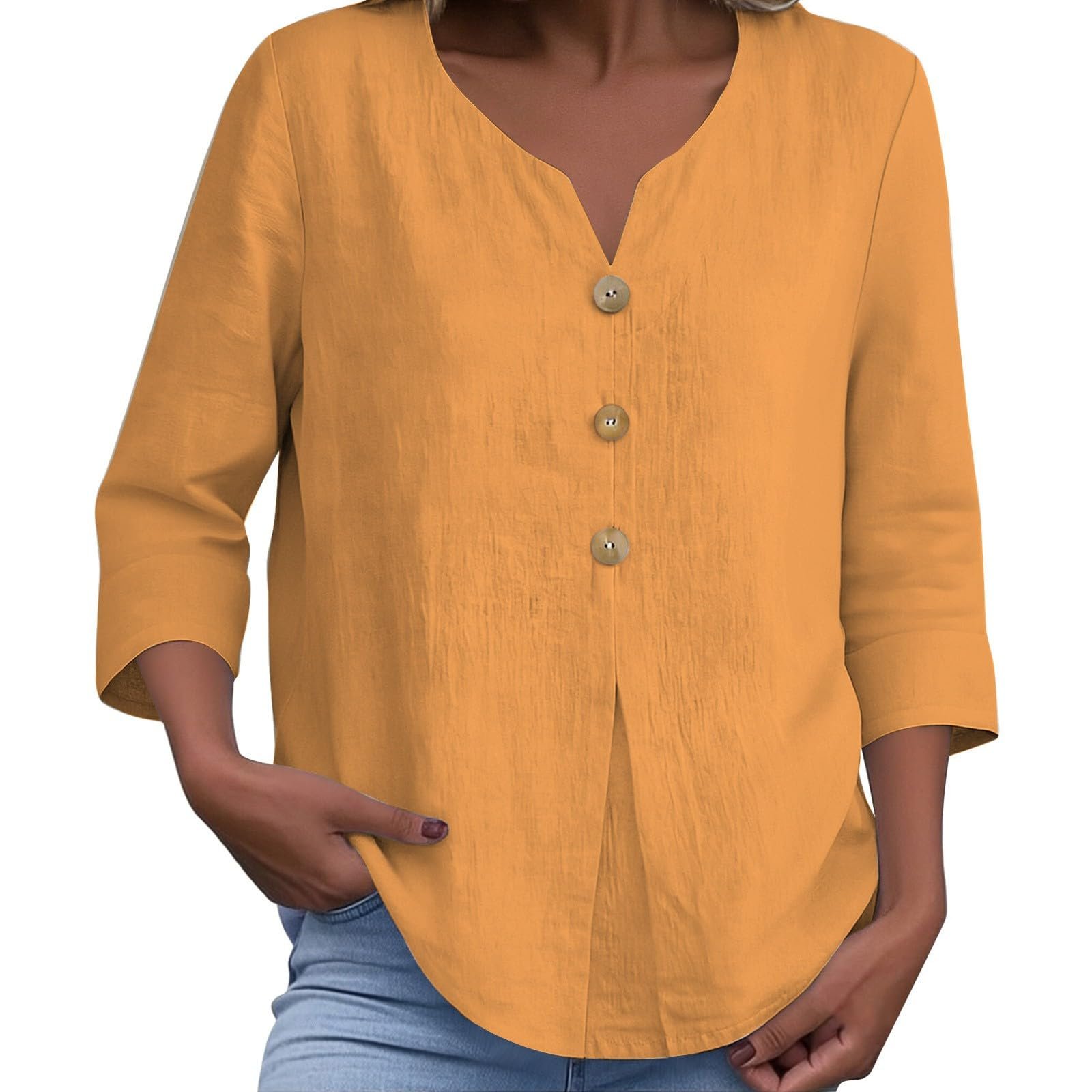 Cotton Linen Tops for Women Dressy Casual 3/4 Sleeve Gauze Shirts Button Down V Neck Blouses Summer Vacation Clothes - Image 30