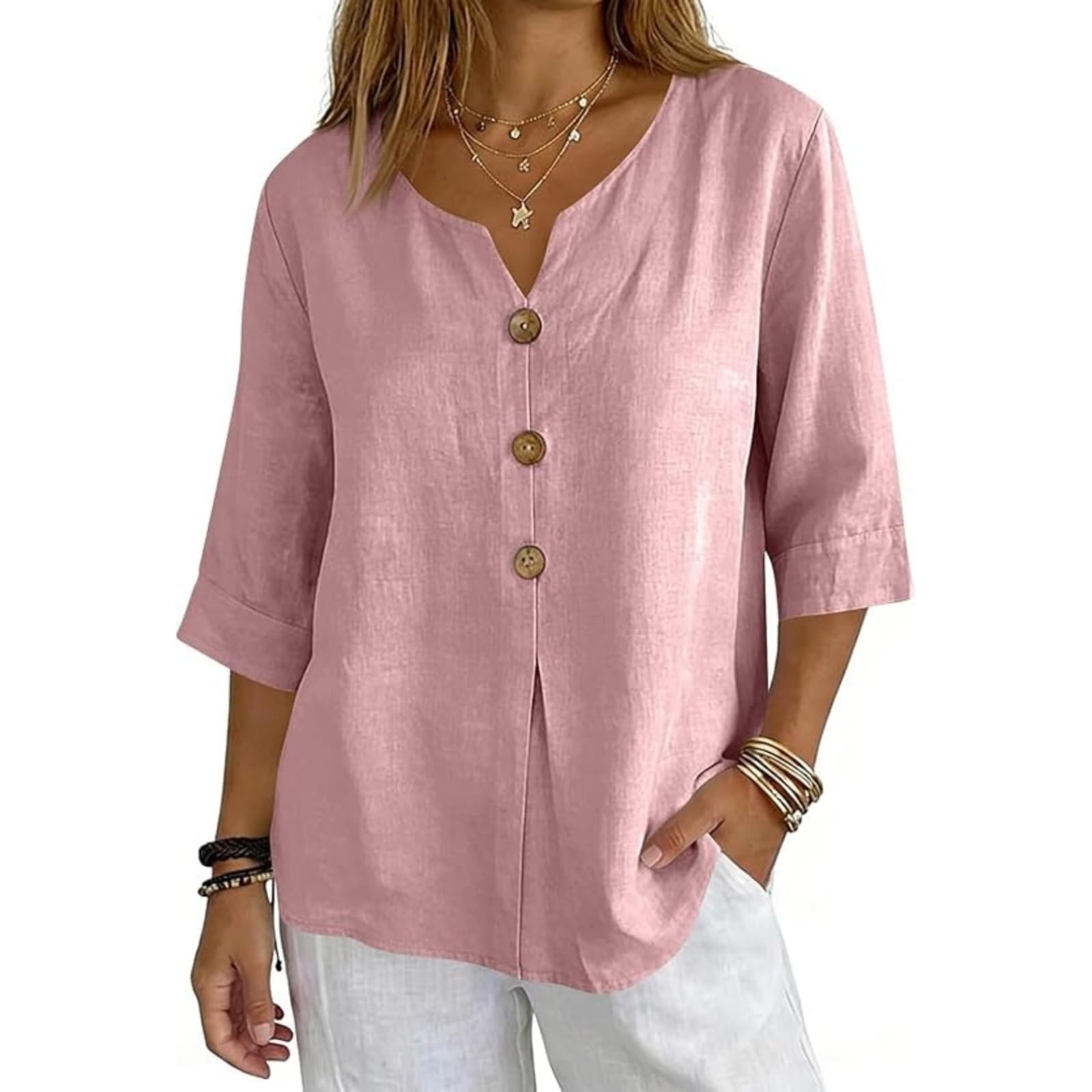 Cotton Linen Tops for Women Dressy Casual 3/4 Sleeve Gauze Shirts Button Down V Neck Blouses Summer Vacation Clothes - Image 22