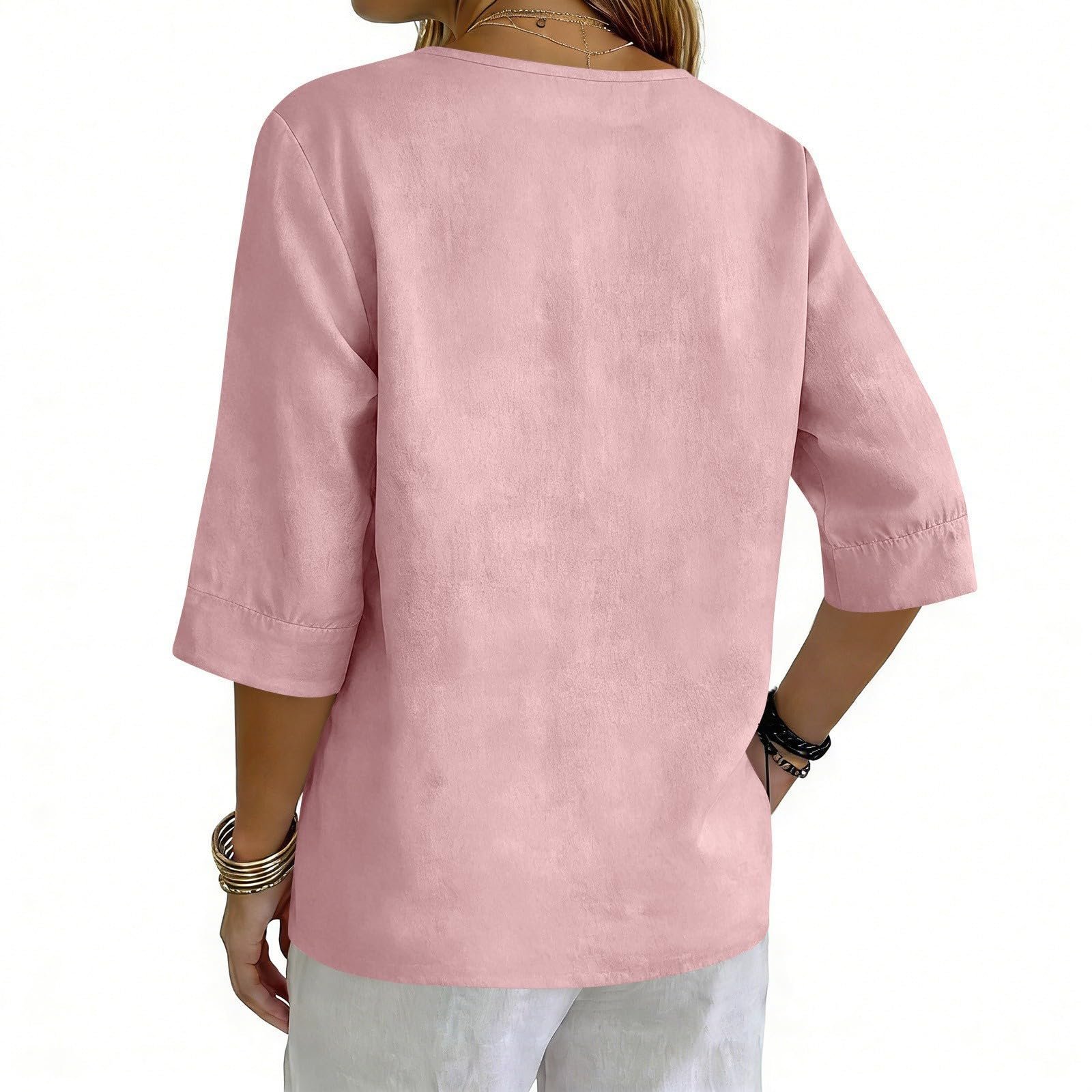 Cotton Linen Tops for Women Dressy Casual 3/4 Sleeve Gauze Shirts Button Down V Neck Blouses Summer Vacation Clothes - Image 24