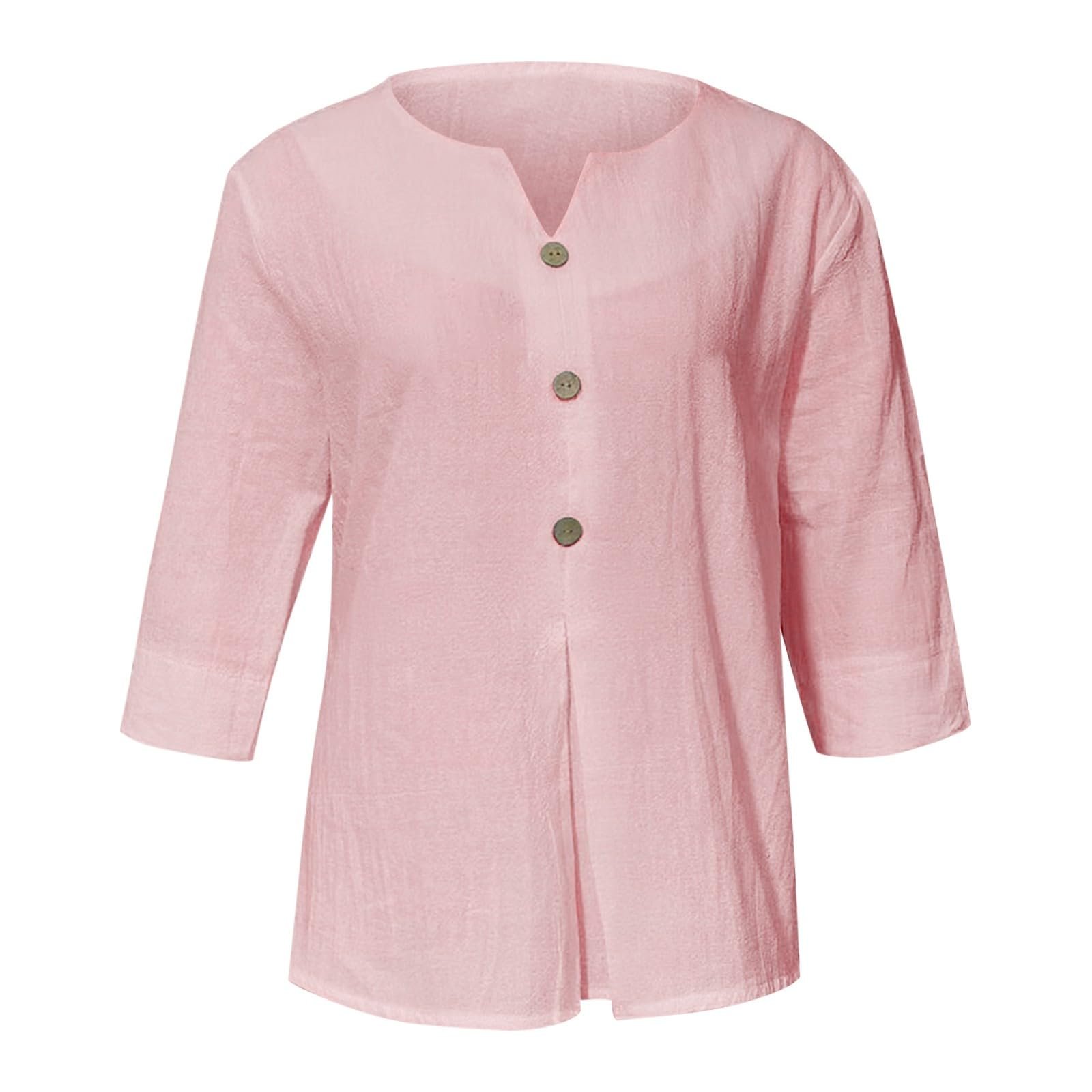 Cotton Linen Tops for Women Dressy Casual 3/4 Sleeve Gauze Shirts Button Down V Neck Blouses Summer Vacation Clothes - Image 25