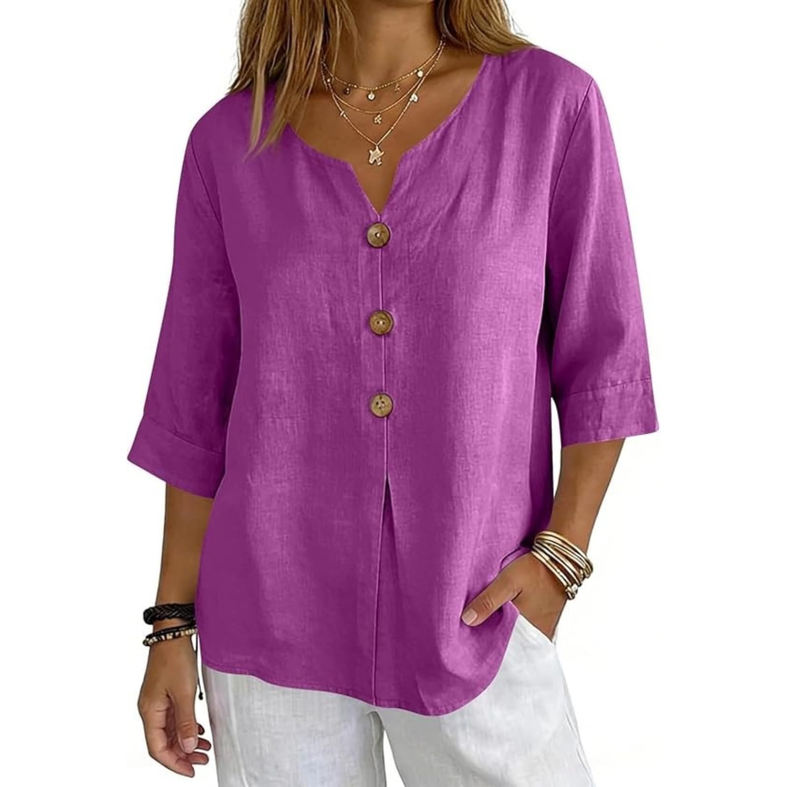 Cotton Linen Tops for Women Dressy Casual 3/4 Sleeve Gauze Shirts Button Down V Neck Blouses Summer Vacation Clothes - Image 18