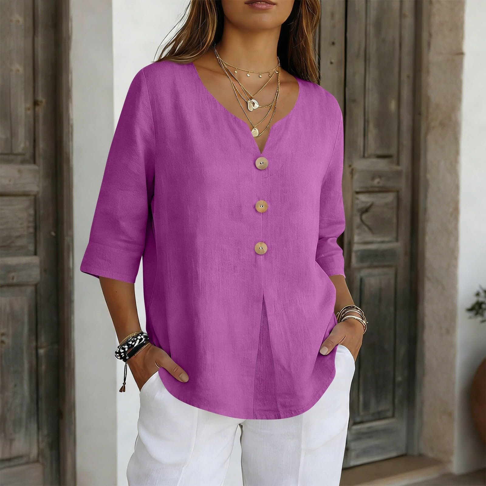 Cotton Linen Tops for Women Dressy Casual 3/4 Sleeve Gauze Shirts Button Down V Neck Blouses Summer Vacation Clothes - Image 19
