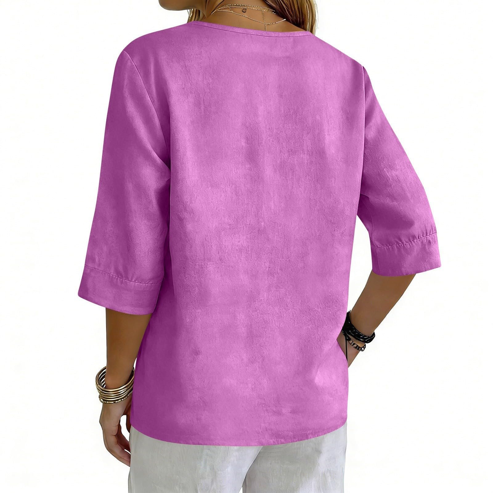 Cotton Linen Tops for Women Dressy Casual 3/4 Sleeve Gauze Shirts Button Down V Neck Blouses Summer Vacation Clothes - Image 20