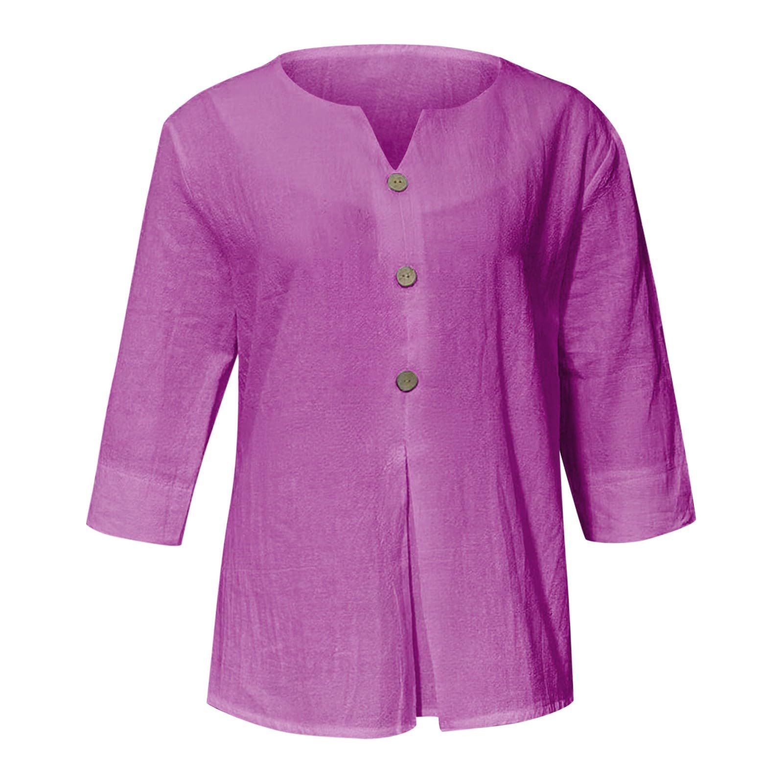 Cotton Linen Tops for Women Dressy Casual 3/4 Sleeve Gauze Shirts Button Down V Neck Blouses Summer Vacation Clothes - Image 21