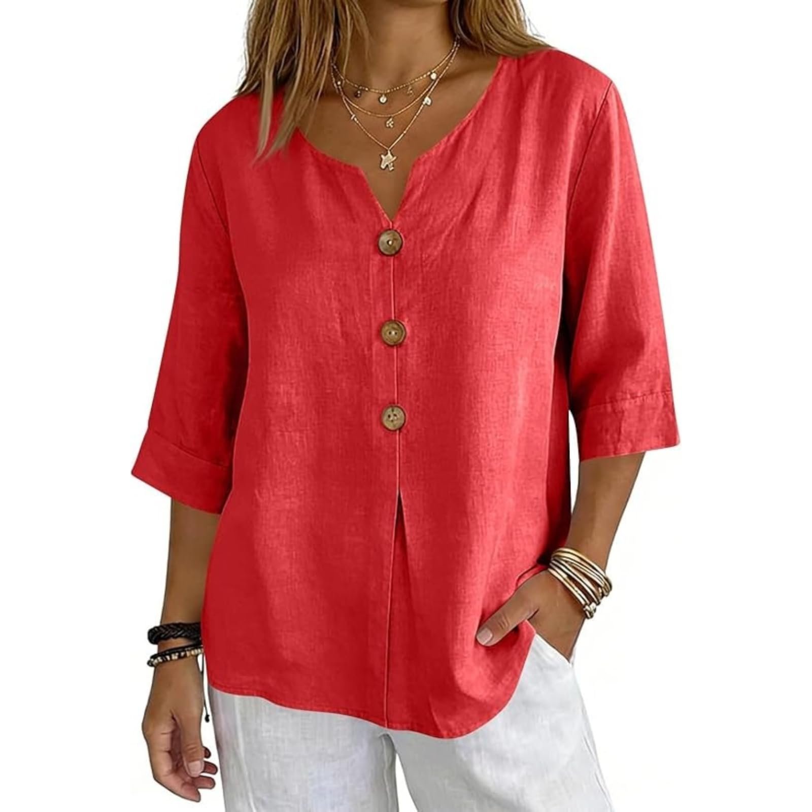 Cotton Linen Tops for Women Dressy Casual 3/4 Sleeve Gauze Shirts Button Down V Neck Blouses Summer Vacation Clothes - Image 14