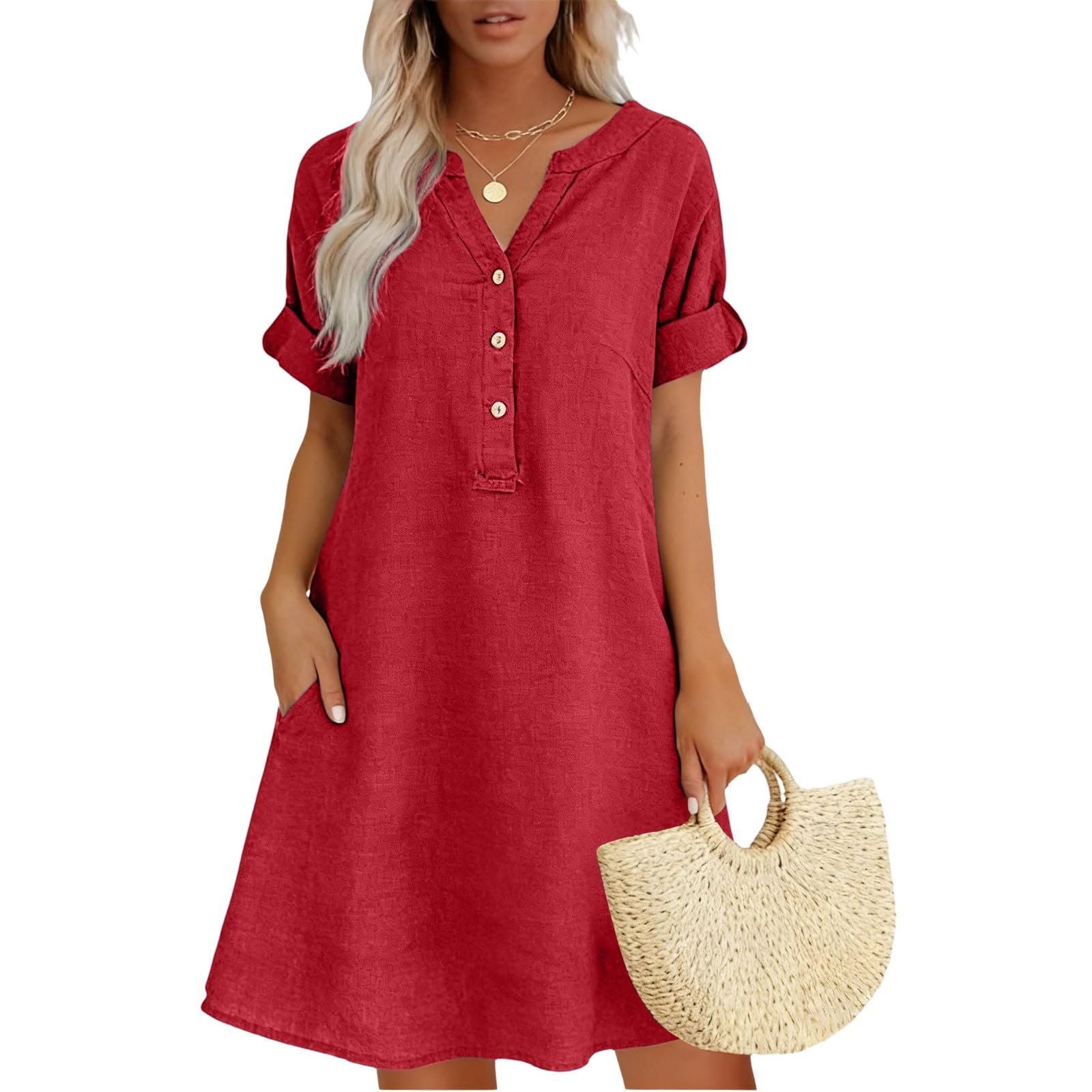 2026 Linen Dresses for Women V Neck Short Sleeve Button Midi Dress Casual A Line T-Shirt Sundresses with Pockets - Image 13