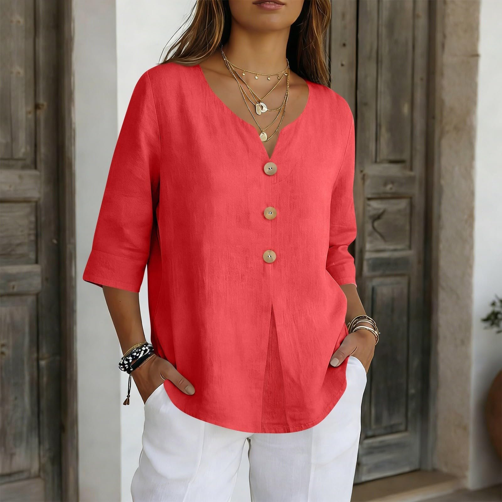 Cotton Linen Tops for Women Dressy Casual 3/4 Sleeve Gauze Shirts Button Down V Neck Blouses Summer Vacation Clothes - Image 15
