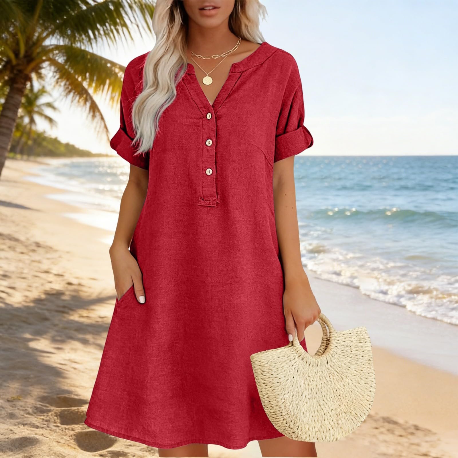 2026 Linen Dresses for Women V Neck Short Sleeve Button Midi Dress Casual A Line T-Shirt Sundresses with Pockets - Image 14