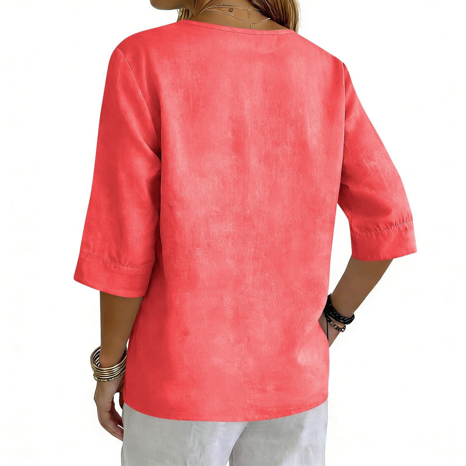 Cotton Linen Tops for Women Dressy Casual 3/4 Sleeve Gauze Shirts Button Down V Neck Blouses Summer Vacation Clothes - Image 16