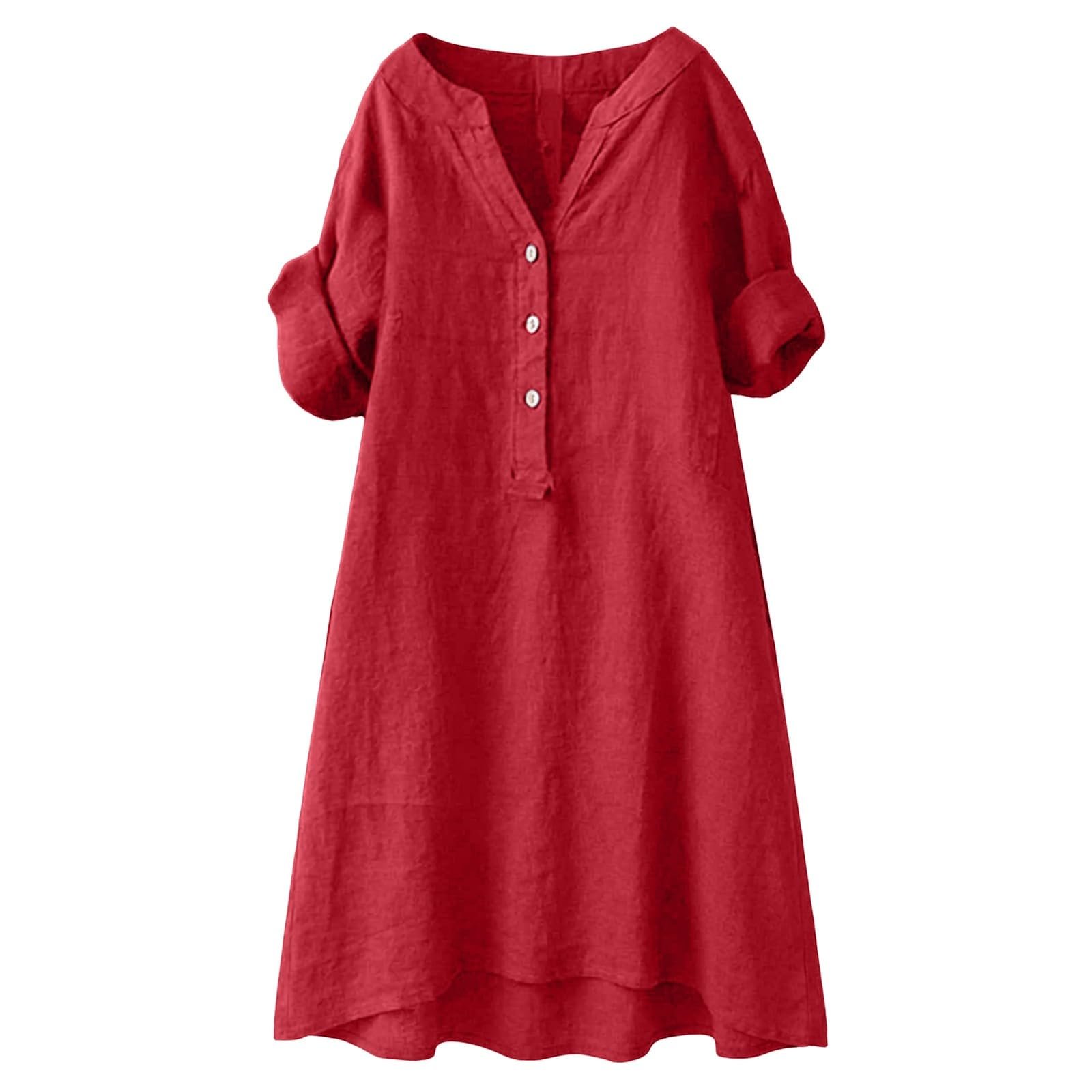 2026 Linen Dresses for Women V Neck Short Sleeve Button Midi Dress Casual A Line T-Shirt Sundresses with Pockets - Image 15