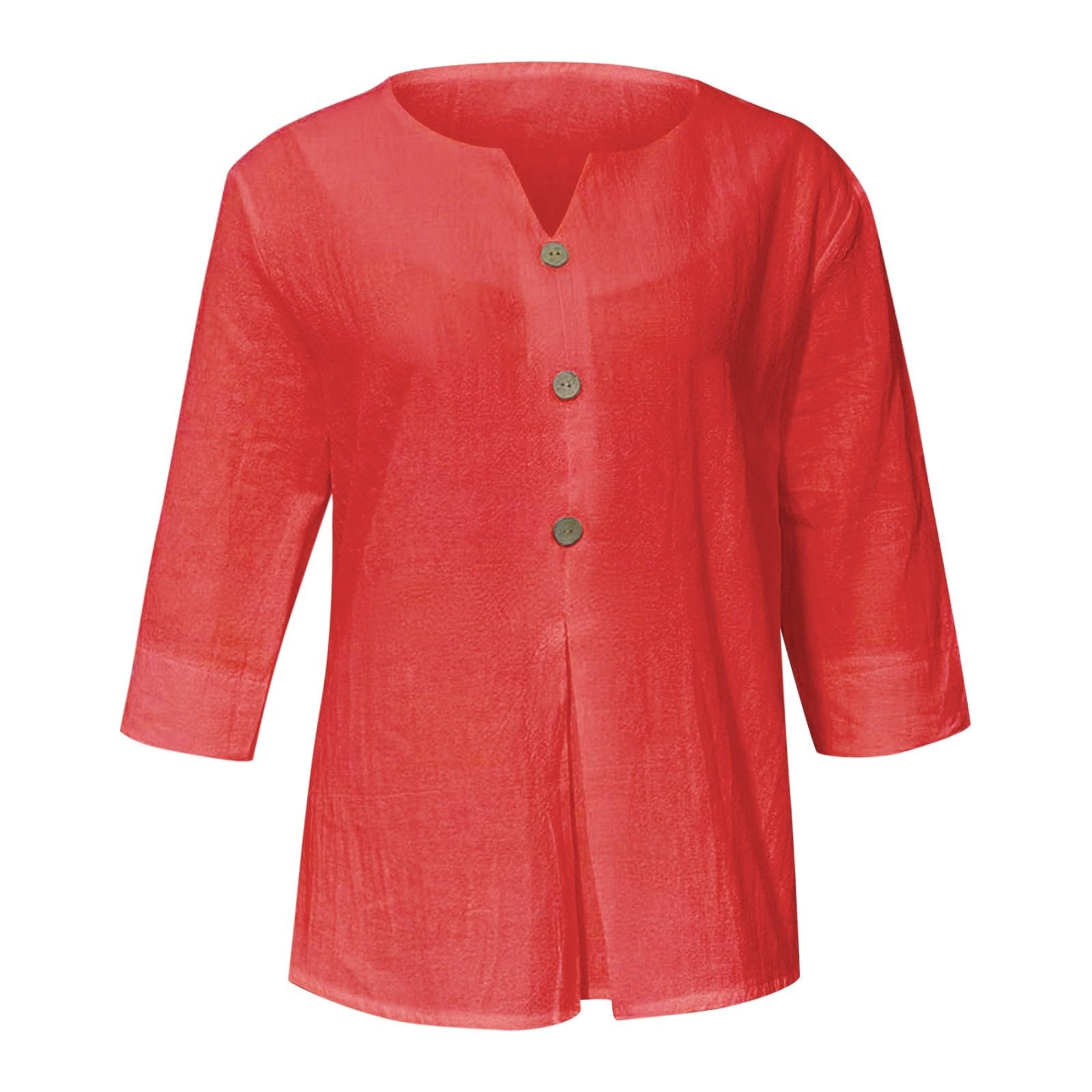 Cotton Linen Tops for Women Dressy Casual 3/4 Sleeve Gauze Shirts Button Down V Neck Blouses Summer Vacation Clothes - Image 17