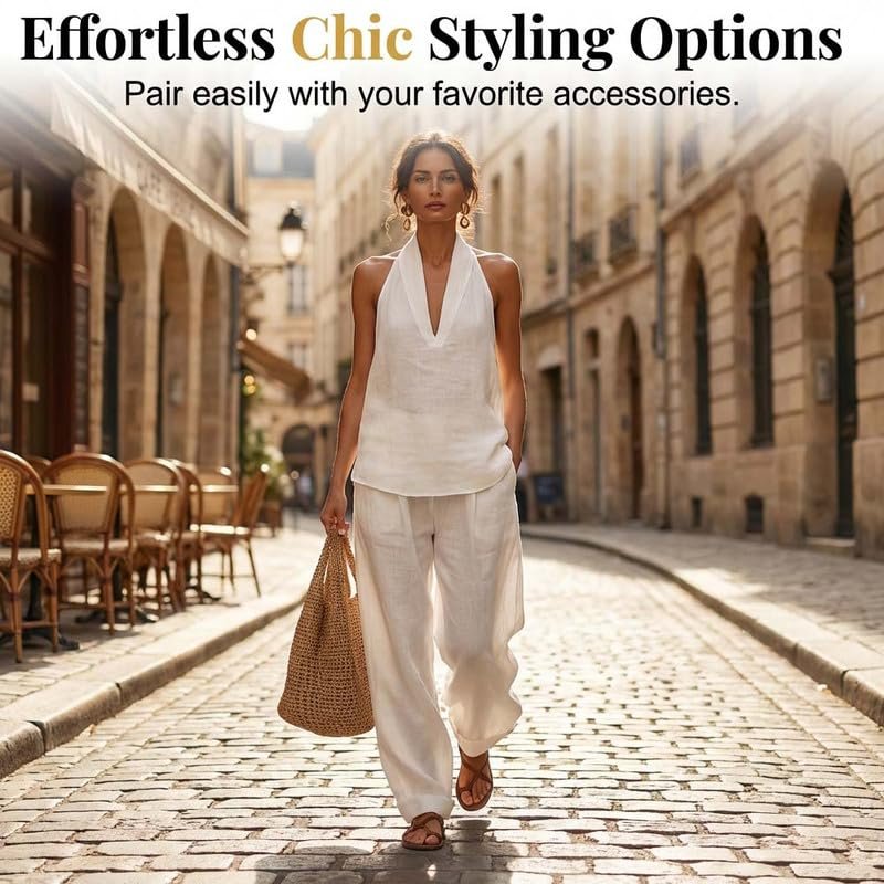 Women's 2 Piece Outfit Sleeveless Halter Top with Wide Leg Pants Casual Summer Lounge Set - Image 12