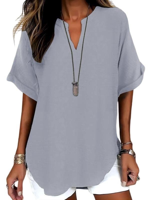 Womens Cotton Like Linen Texture Tops Casual Half Sleeve Crew V Neck Blouse Shirt Loose Fit Breathable Summer Tee - Image 2