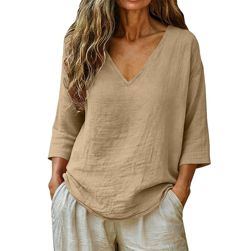 Womens Linen Tops V-Neck Lightweight Gauze Loose Casual Comfortable Spring Summer Tops - Image 2