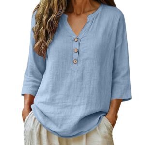 Linen Shirts for Women Plus Size 3/4 Sleeve V Neck Summer Tops Casual Loose Fit Tunic Blouses Cotton T Shirts