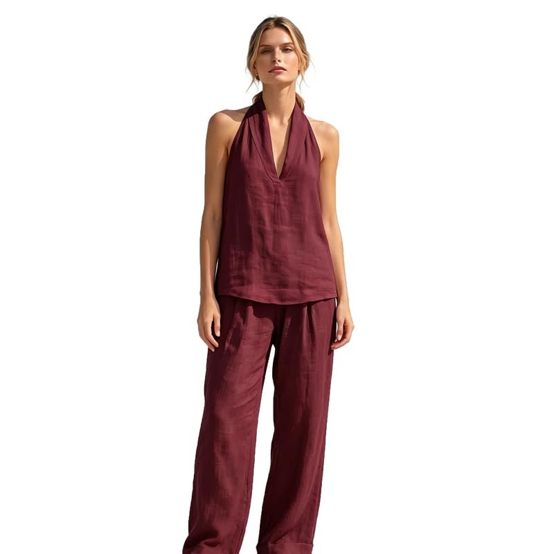Women's 2 Piece Outfit Sleeveless Halter Top with Wide Leg Pants Casual Summer Lounge Set - Image 2