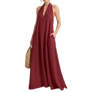 Women Halter Maxi Dress Sleeveless V Neck Summer Beach Dress Casual Cotton Linen Vacation Sundress