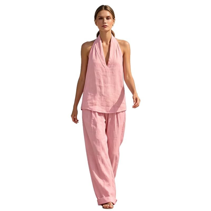 Women's 2 Piece Outfit Sleeveless Halter Top with Wide Leg Pants Casual Summer Lounge Set - Image 7