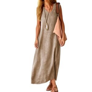 Women Cotton Linen Maxi Dress Sleeveless V Neck Summer Beach Dress Casual Loose Flowy Boho Tank Sundress