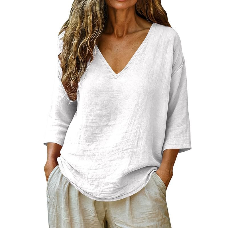 Womens Linen Tops V-Neck Lightweight Gauze Loose Casual Comfortable Spring Summer Tops