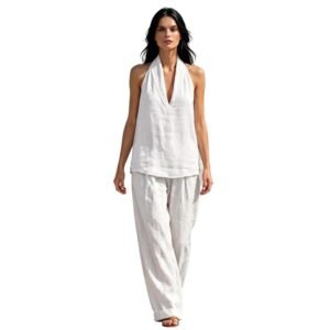 Women's 2 Piece Outfit Sleeveless Halter Top with Wide Leg Pants Casual Summer Lounge Set