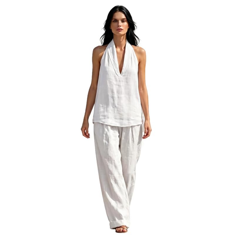 Women's 2 Piece Outfit Sleeveless Halter Top with Wide Leg Pants Casual Summer Lounge Set