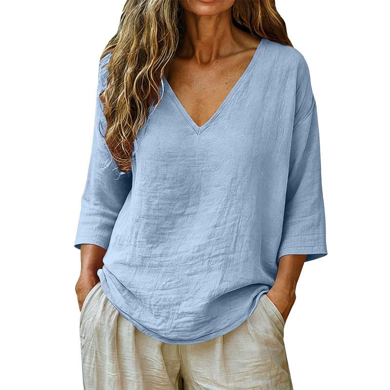 Womens Linen Tops V-Neck Lightweight Gauze Loose Casual Comfortable Spring Summer Tops - Image 3