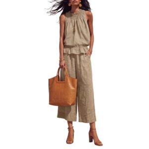 Women‘s Linen 2 Piece Outfits Linen Sets Sleeveless Ruffle Top Wide Leg Pants Summer Casual Set Beach Travel